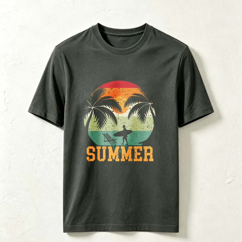 Summer Surfing Palm Trees T Shirt Women Men Vintage Sunset Black Short Sleeve Crew Neck Retro Casual Beach Vacation Gift