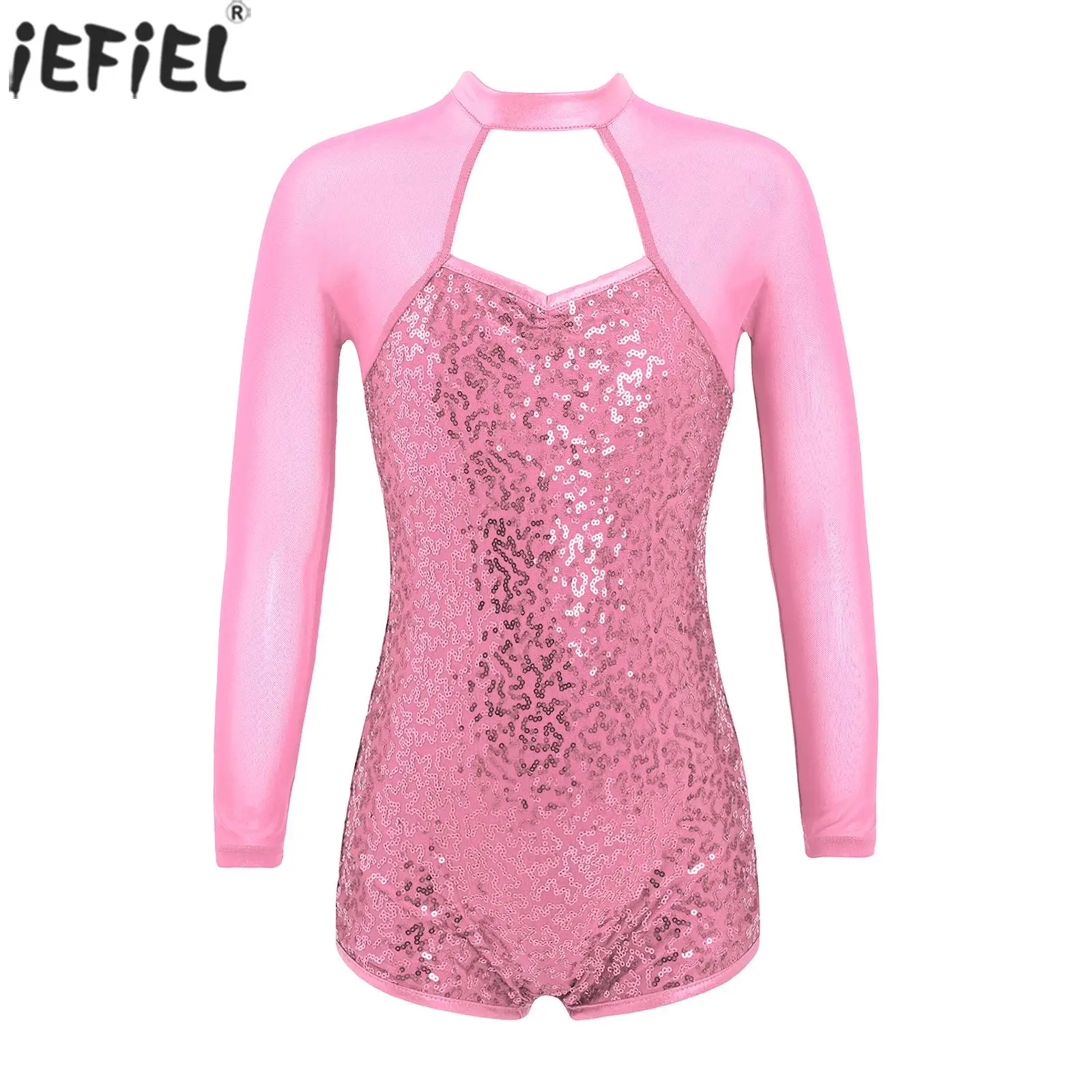 Kids Girls Sequins Ballet Dance Leotard Long Sleeves Gymnastics Hollow Front Backless Bodysuit for Stage Performance Costumes