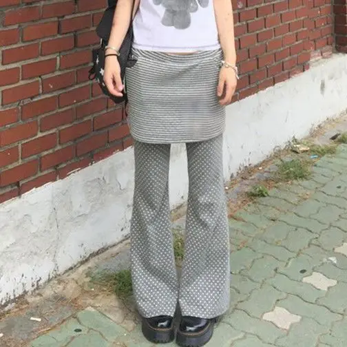 Slimming Effect Korean Style College Girls Grey Polka Dot Striped Spring Autumn Casual Flared Pants Skirt Two Piece Ensemble