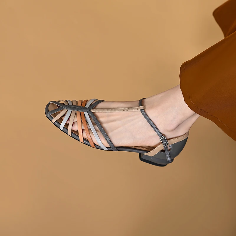 Woman Summer Sandals French Style Retro Shoes One Strap Closed Toe Sandalias Laies Cow Leather Gladiator Shoes Mixed Color
