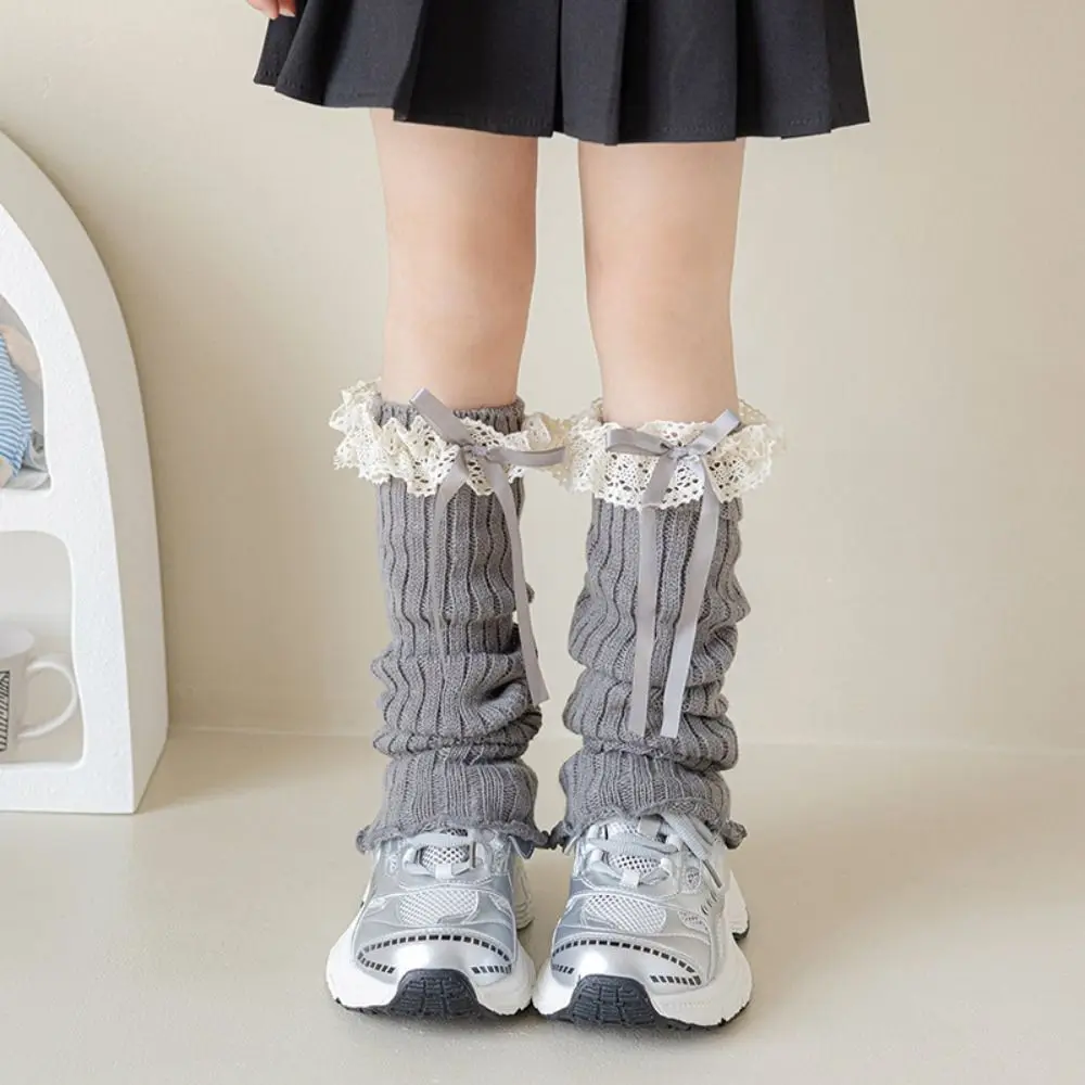 Casual Harajuku Bow Ribbon Leg Warmers Long Stockings Solid Color Knitted Foot Cover Kawaii Sweet Lolita Knitted Socks Autumn
