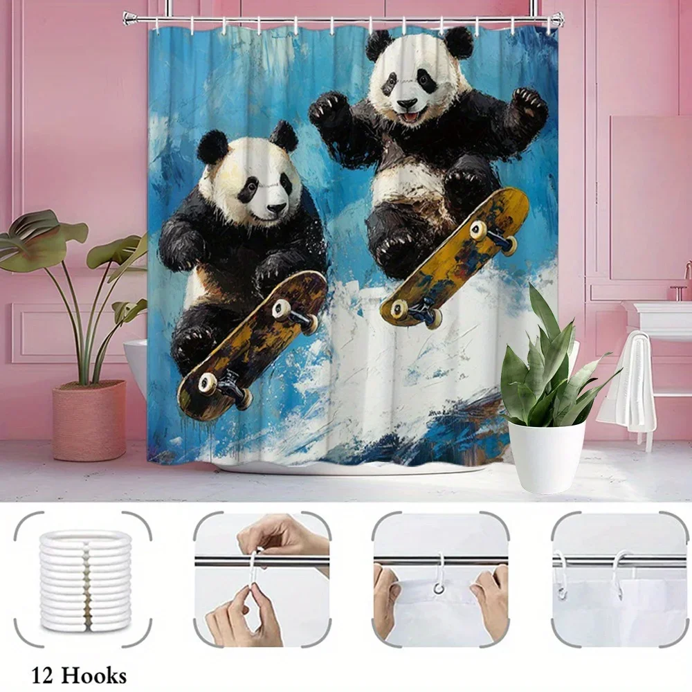 1pc Skateboarding Panda Bears Shower Curtain - Playful Black & White Pandas on Yellow Skateboards with Blue Sky Design, Vibrant