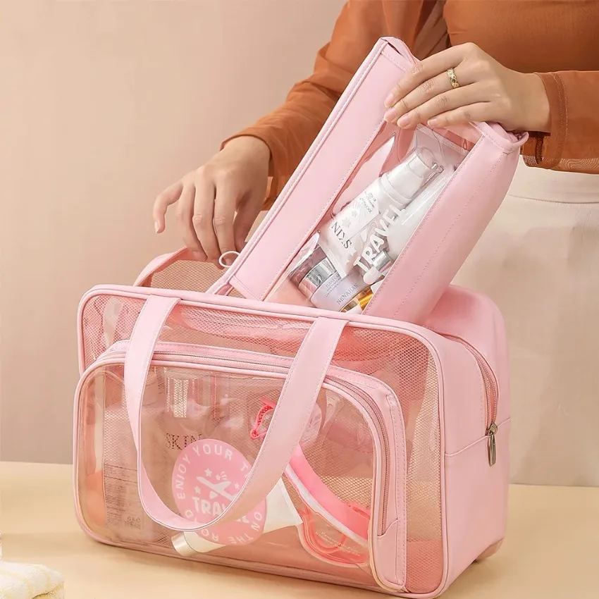Clear Mesh Swim Bag Set Multilayer Beach Storage Tote Bag Travel Wash Bag Portable Cosmetic Organizer Swimming Gym Handbag