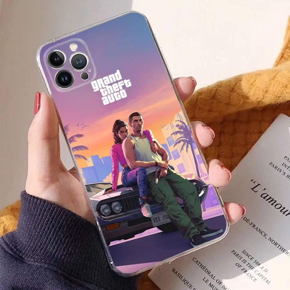GTA 6 G-Grand Theft A-Auto جراب هاتف سيليكون لينة آيفون 17 16 15 14 13 12 11 برو ماكس بلس X غطاء