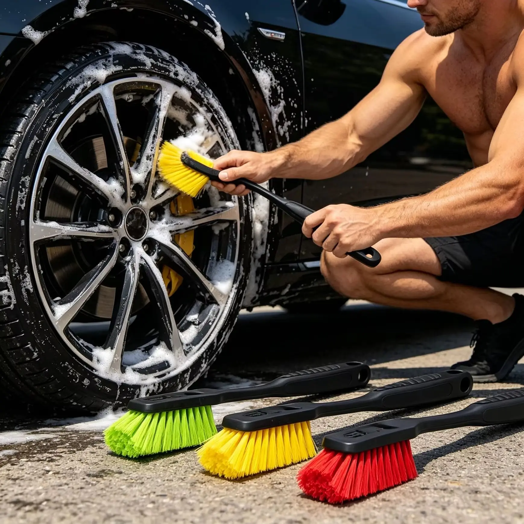 Car Wheel & Crevice Brush 3 Pack Curved Long Handle Stiff Bristle Multi-Purpose Deep Cleaner for Auto Rim Motorcycle Window Trac