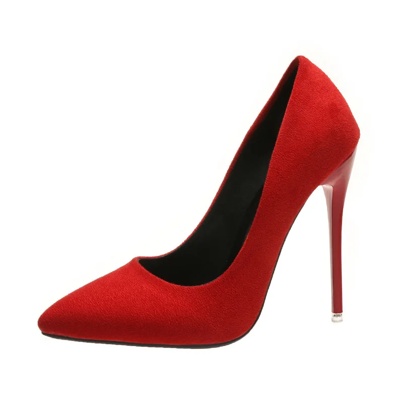 

New women's shoes High-heeled shoes flock high heels women pumps pointed toe classic red ladies wedding shoes office Large size