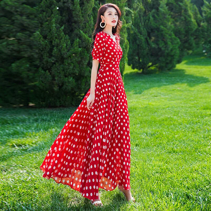 Women's Clothing Red Polka Dot  Summer Dress New Vacation Bohemian Beach Chiffon Long Dresses Female Vestidos Elegant Lady Dress - view 3