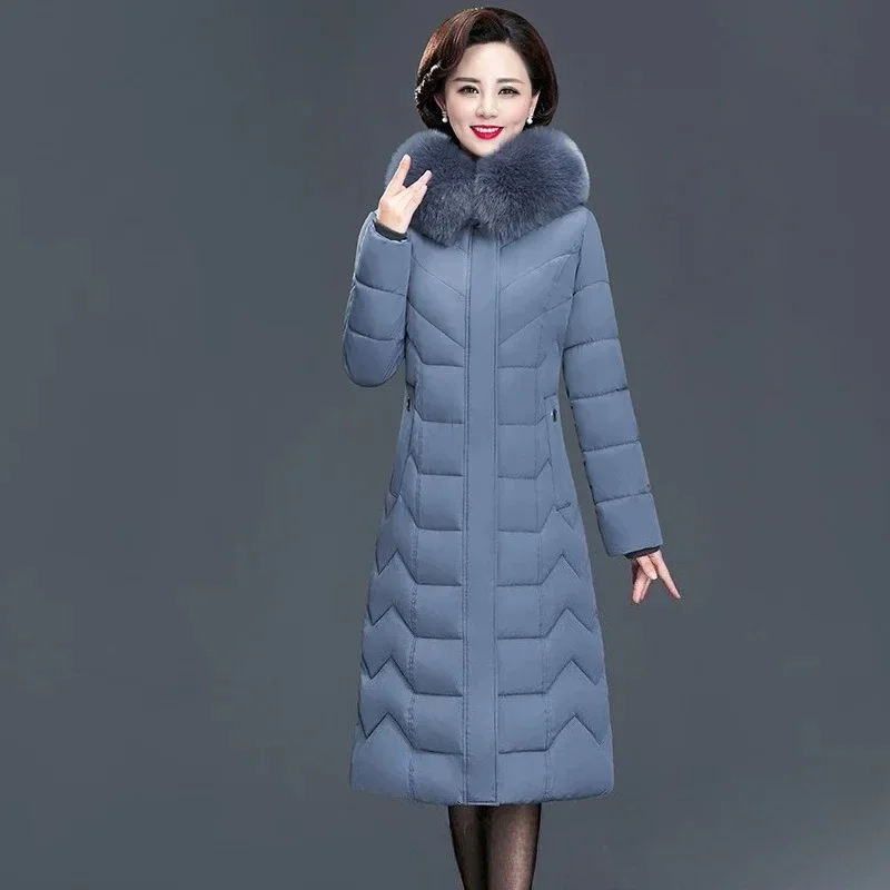 

Women Jacket Mother New Winter Thick Warm Slimming Pockets Zippers Pockets Coat Big Fur Collar Hooded Long Styles Puffer Outwear