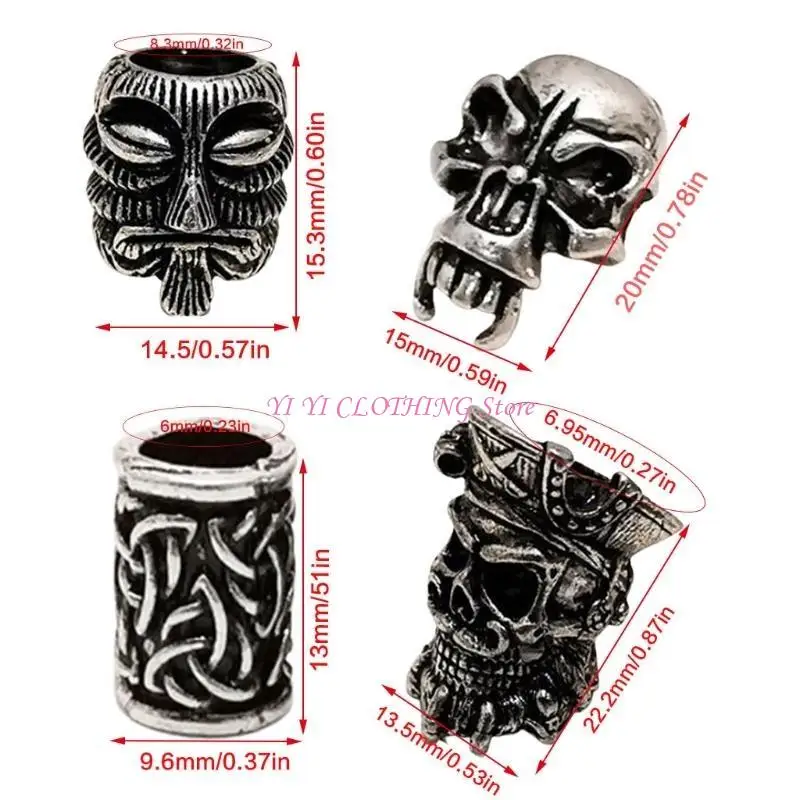 N5KF Retro Color Viking Beard Beads Retro Beads Antique Norse Hair Tube Beads Pirate Skull Dreadlocks Beads for Hair Braiding