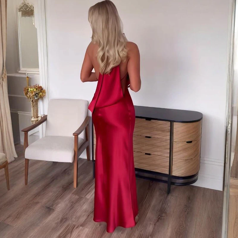 Typhaland Abito lungo con scollo all'americana in raso per donna Abito elegante sexy senza schienale Abito solido a vita alta Abiti da festa di compleanno