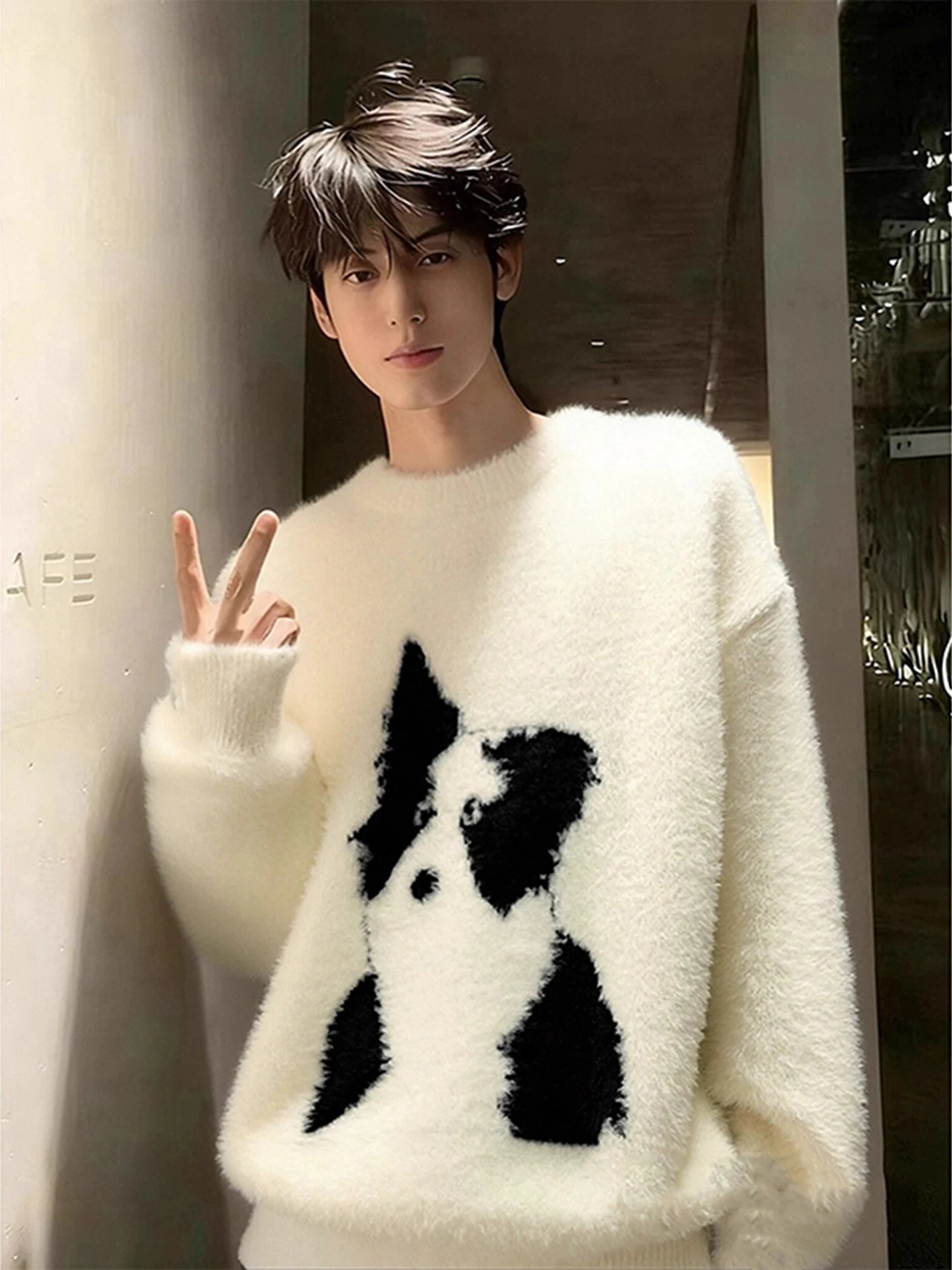 

Thiened Plu Knitted Sweater Soft Nylons Simulated Mink Winter Warm Long Sve round Ne Dog Pattern Inner Wear for Men