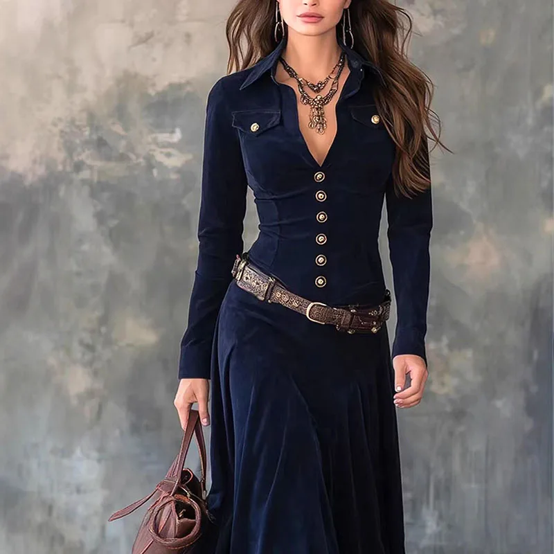 Fall Sexy Turn-down Collar Button Long Dress Woman Casual Solid High Waist Velvet Party Dress Winter Long Sleeve Slim Boho Dress