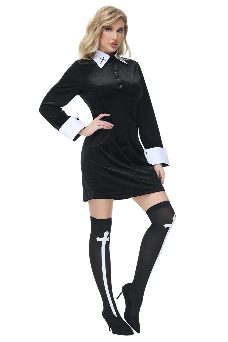 Costumes de nonne sexy pour femmes adultes, Halloween, carnaval, fête, église, couvent religieux, cosplay, robe avec bas