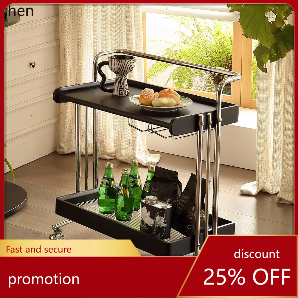 

CZ Vintage-style small cart storage shelf, movable side table for living room, solid wood retro storage snack dining cart