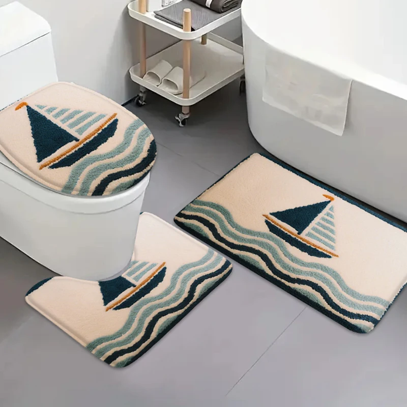 Ocean 3-teiliges Toilettenset, rutschfeste Matte, Badedecke, Toilettensitz, Badezimmerzubehör, Badezimmerdekoration, Badezimmermatten-Set