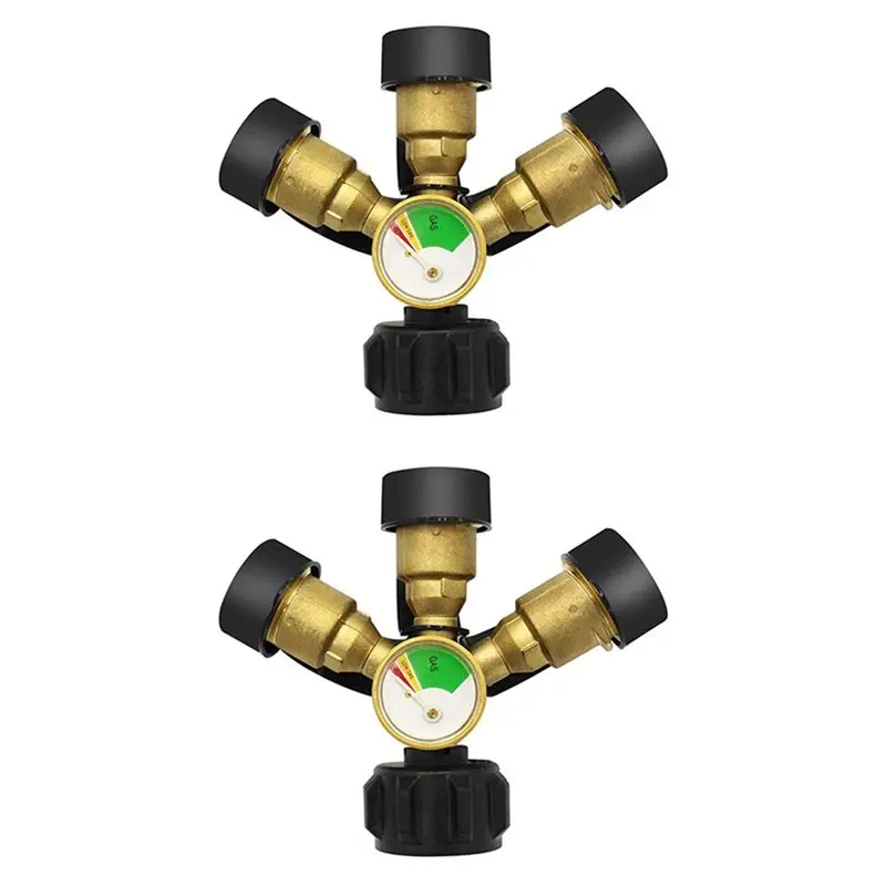 AFOURT-2X 3 Way Propane Splitter With Gauge And Shut-Off Valve, 3 Y Propane Gas Splitter, Propane LP Tank Tee Gauge Adapter