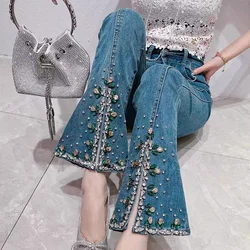 JeansWomen's Fashionable SummerNew KoreanStyle HeavyIndustry Color Rhinestone High Waist Slimming Slit Bootcut Trousers Trousers