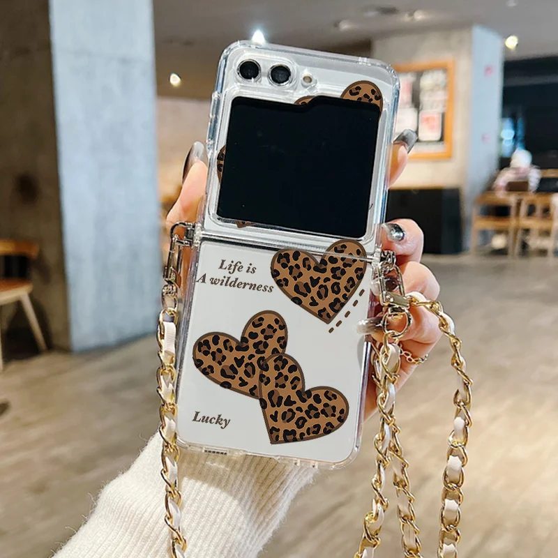 ليوبارد طباعة قلوب القوس الحبل قضية الهاتف لسامسونج غالاكسي Z فليب 7 6 5 4 3 5 جرام Flip7 FE Flip6 Crossbody حبل واضح غطاء من البولي يوريثان