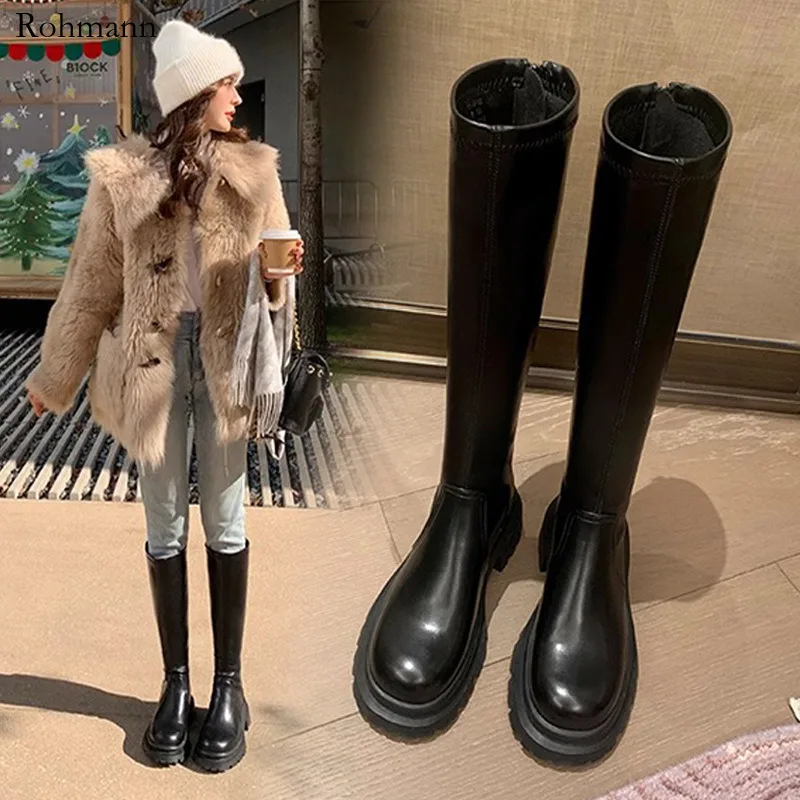 

Fall/Winter 2025 new leather long tube circumference slim platform flat cuff rider boots