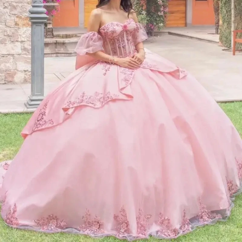 

Pink Off The Shoulder Ball Gown Quinceanera Dresses Applique Lace Bow Beads Tull Party Birthday Sweet 16 Dress Vestido De 15 Ano