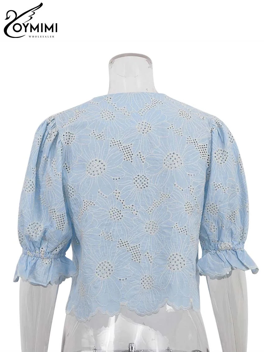 Oymimi-camisa con estampado azul para mujer, camisa elegante de media manga con cuello redondo, de algodón con botonadura única, para verano y otoño