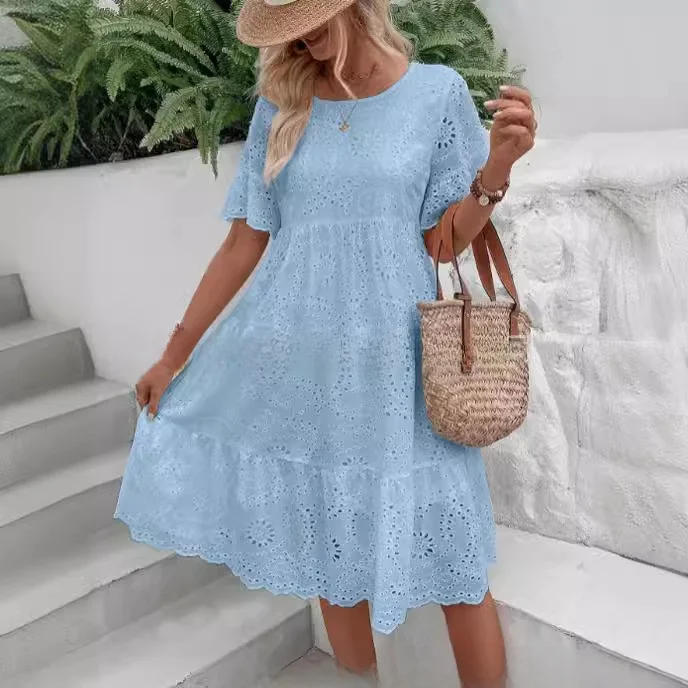Vestido de Mujer 2024, Moda del Sudeste Asiático, Color Puro, Encaje Bordado, Calado, Casual, Cintura Media, Manga Acampanada...
