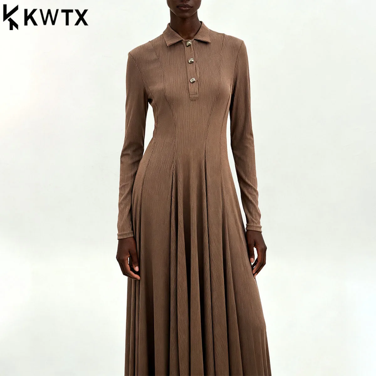 KWTX 2025 Solid Spliced Buttons Fashion Long Dresses for Women Lapel Long Sleeves Tunic Patchwork Folds Dress Female Clothing