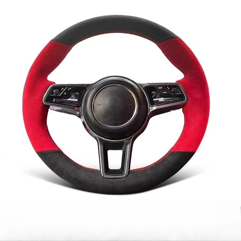 

for Porsche Taycan Cayenne Macan Panamera 718 911 Hand-stitched Anti-Slip Charcoal Ash Red Suede Car Steering Wheel Cover