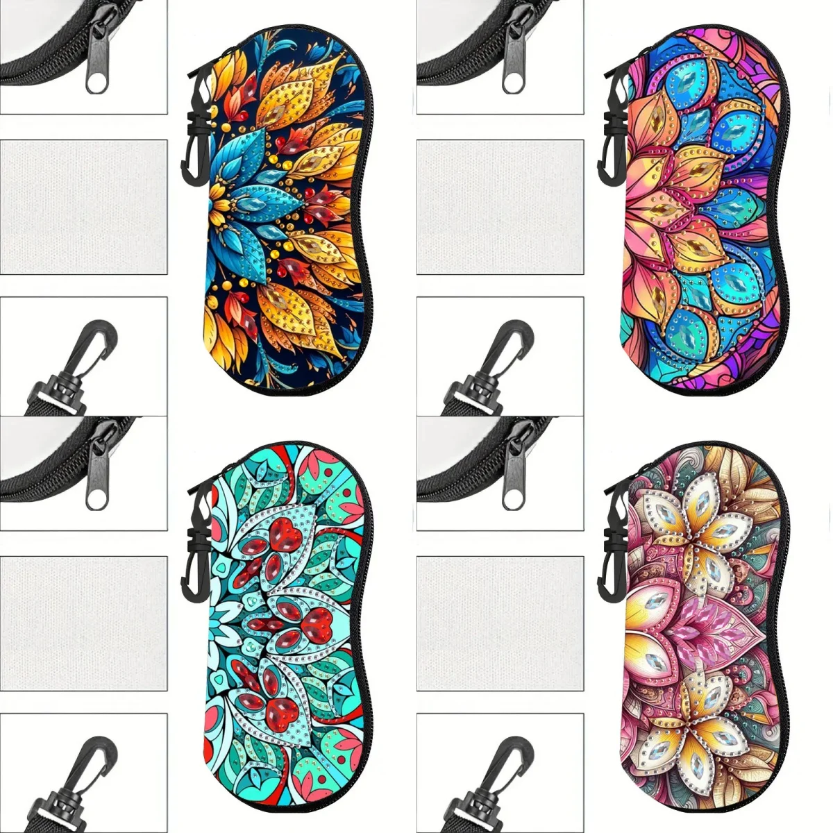1 DIY keychain zipper eyeglass case diamond painting kit, made of PU leather, with splendid floral patterns