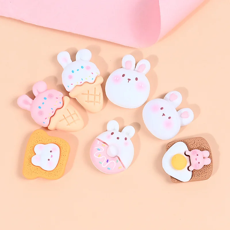 10 Pcs New Mini Kawaii Cartoon Rabbit Ice Cream Cake Resin Flat Back Cabochons Scrapbook Diy Party Hairpin Accessories Decorate