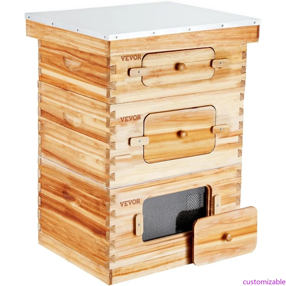 VEVOR Bee Hive 10 Frame Bee Hives Starter Kit، خشب التنوب المطلي بشمع العسل، 2 عميق + 1 صندوق نحل متوسط طقم خلية النحل Langstroth، Tran