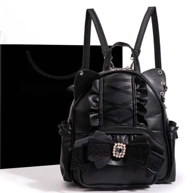 Bow Y2K Ribbon Backpack Itabag Japan PU Kawaii Mine Lace Cat Ear Backpack Zipper Student Waterproof Large Capacity Backpack New