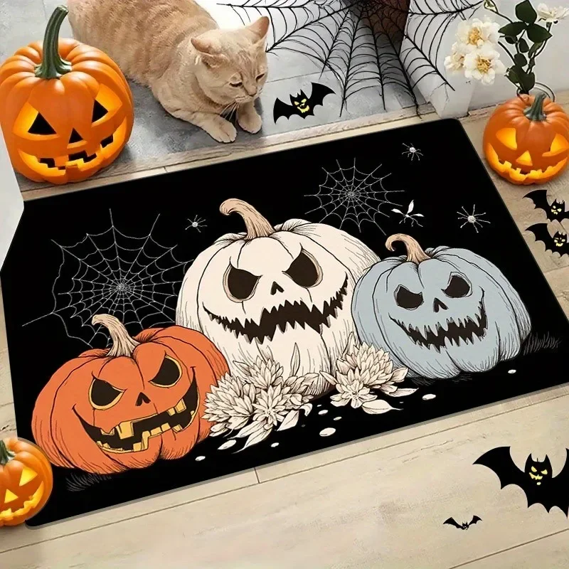 Halloween Pumpkin Bat Ghost Skeleton Thrilling Floor Mat Entrance Foyer Bathroom Absorbent Foot Door Mat Horror Skeleton