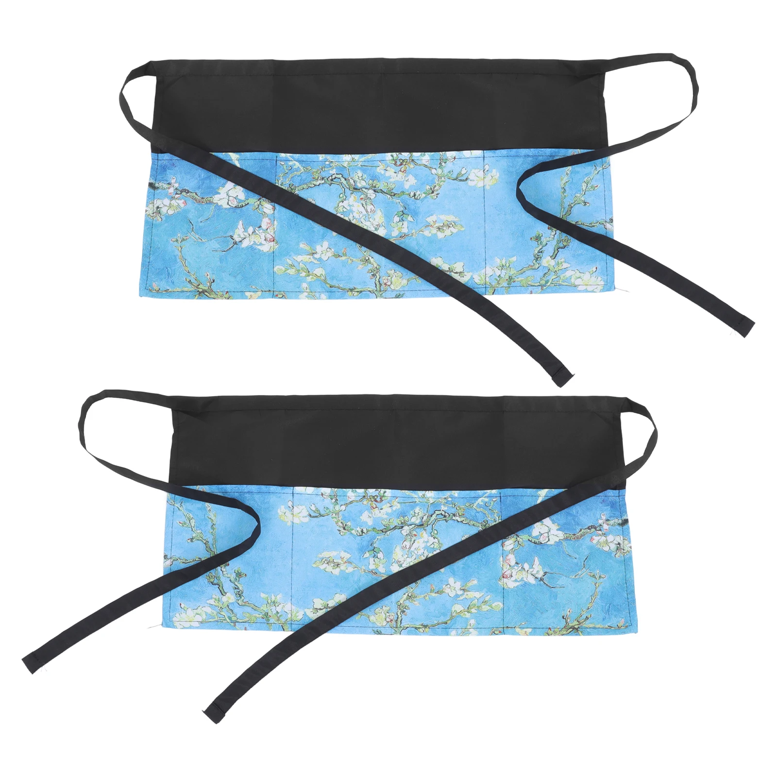 

2Pcs Printed Waist Apron Polyester Short Server Aprons for Women Men Three Pockets Waitress Apron for Restaurant Cafe