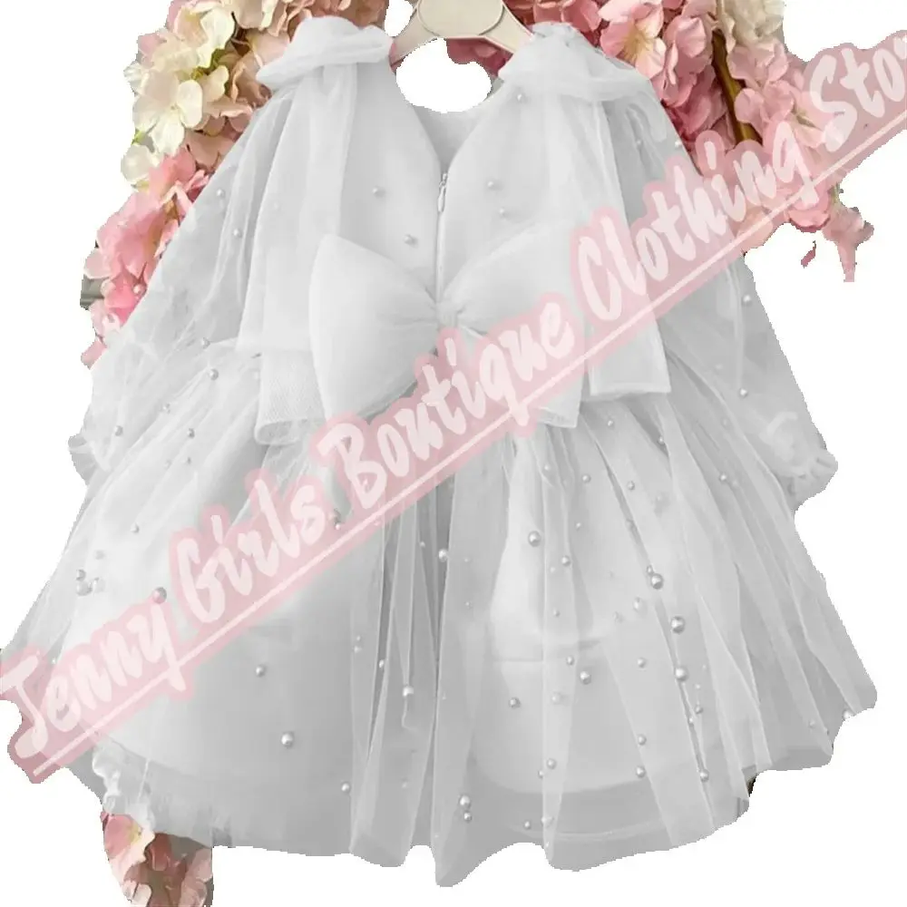 2025 branco bebê batismo meninas vestidos vestido de casamento com arco mangas transparentes vestido de primeira comunhão das crianças