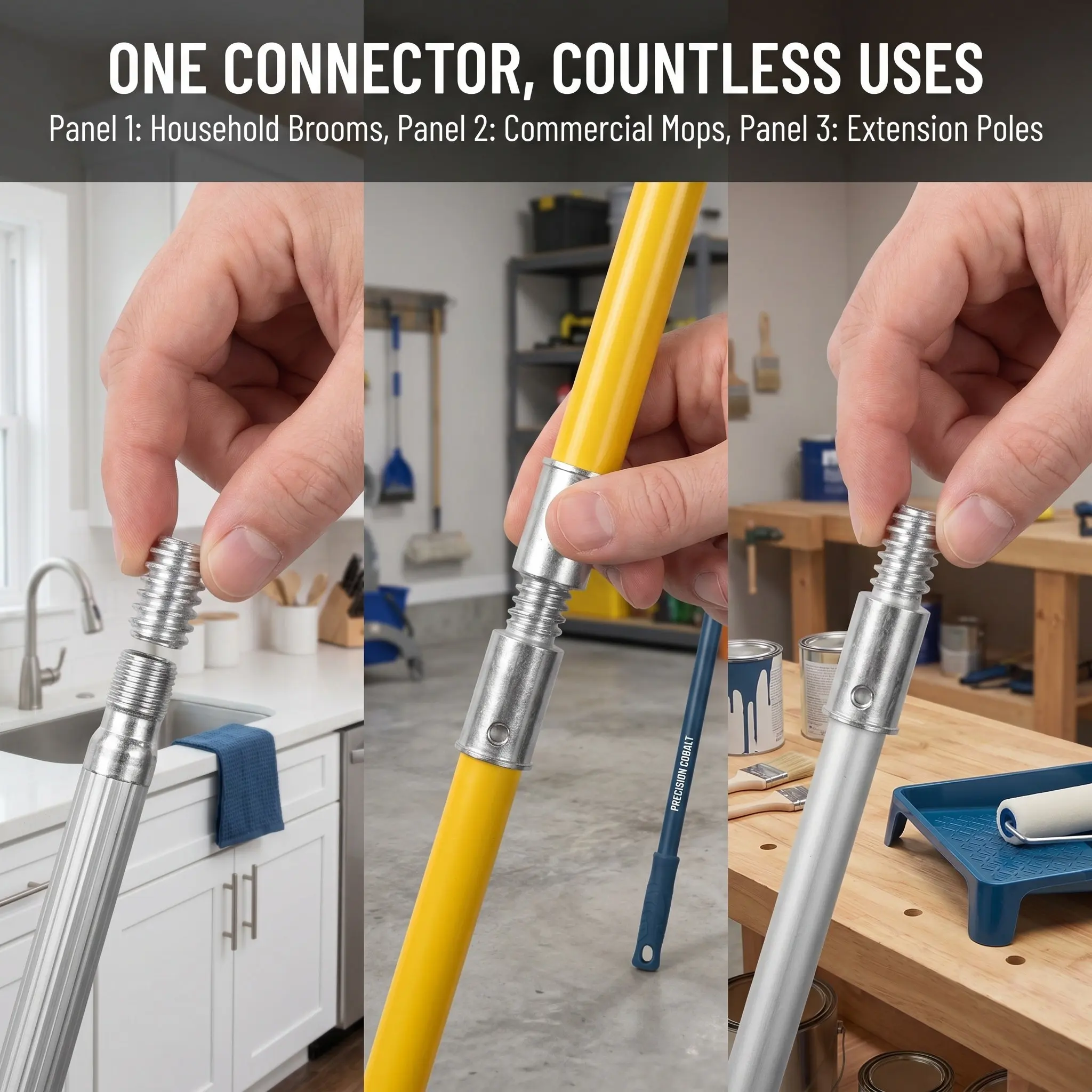 2Pcs Metal Thread Tip Broom Handle Threaded End Sturdy Galvanized Steel Pole Adapter for Mop Broom Extension Telescopic Handle