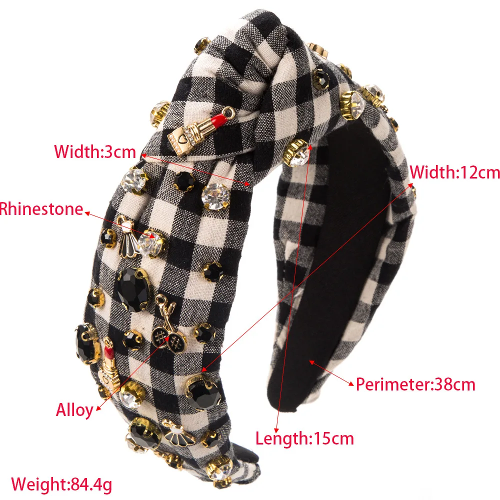 European and American Cool Black and White Plaid Beautiful Headband Alloy Accessories Hand-Stitched Glass Drill Hair Accessories