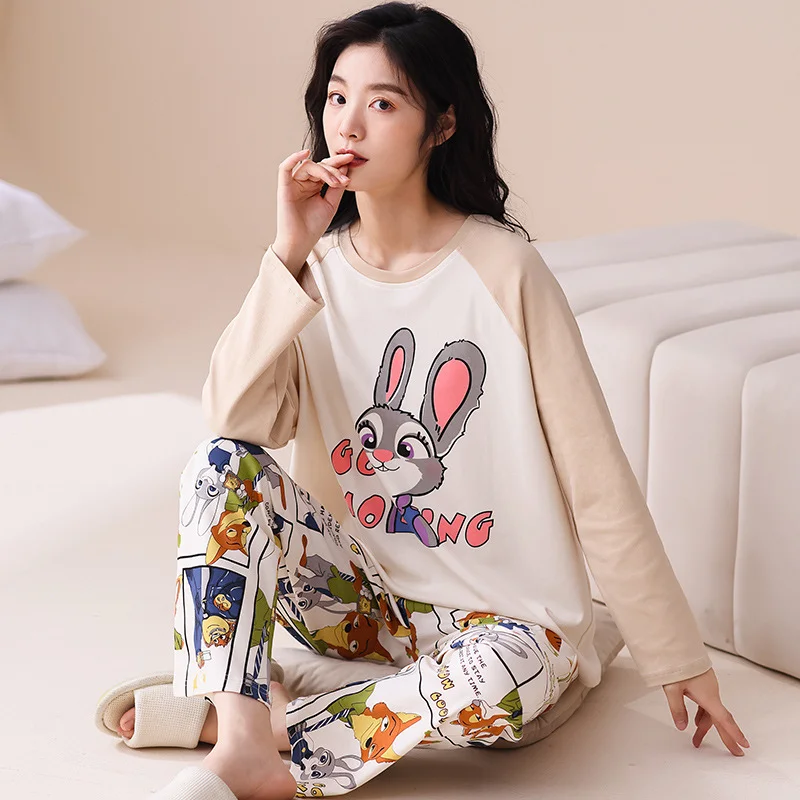 Cartoon Disney pajamas couple set autumn pure cotton long-sleeved trousers two-piece set loungewear casual women\'s pajamas