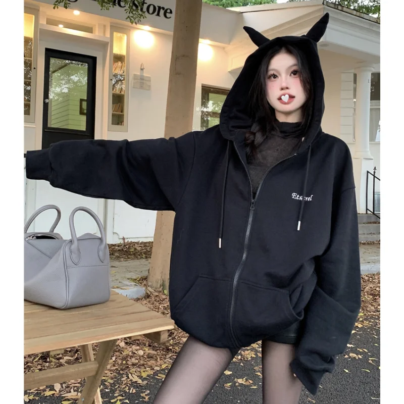 Brown Jacket Sweatshirt Women Vintage Coat Long Sleeve Streetwear Korean Fashion Casual Y2K Style Winter Female Hooded Tops