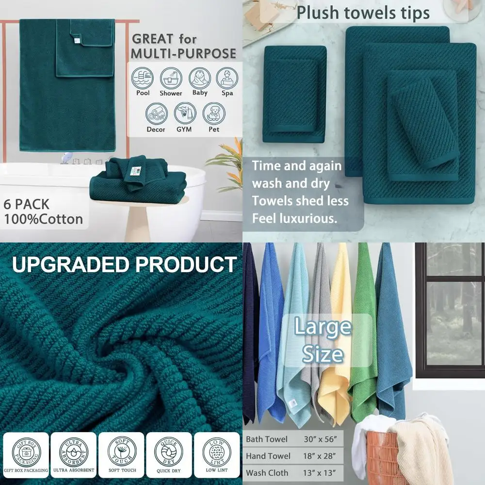 

Cotton 6-Piece Bath Towel Set: Soft, Quick-Dry, Thick, Lightweight - 2 Large 30x56, 2 Hand 18x28, 2 Washcloths 13x13 - Deep Turq