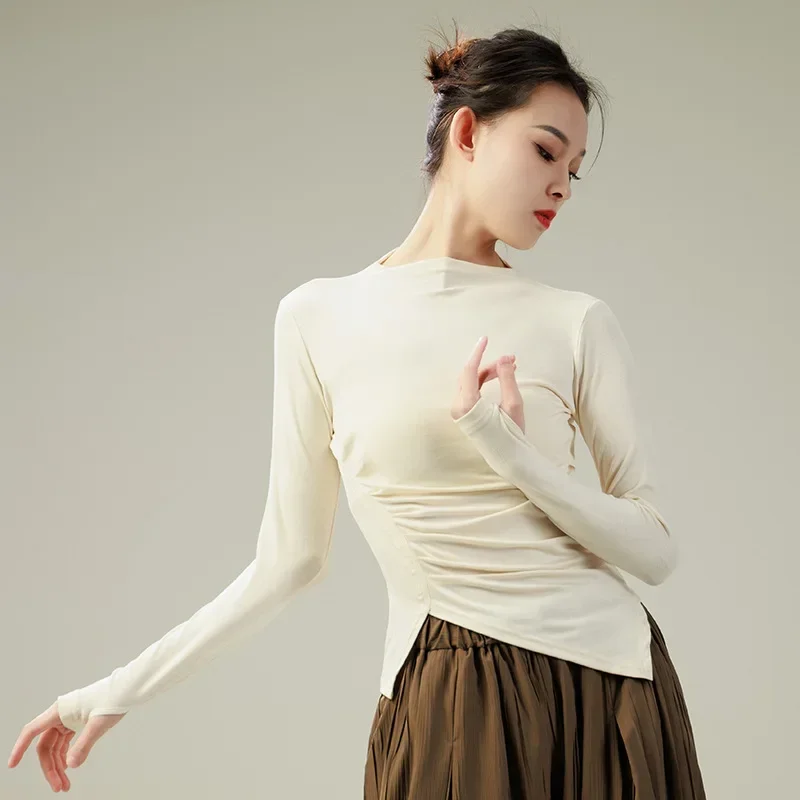 

Классический танцевальный облегающий плиссированный танцевальный костюм, женский современный китайский тонкий топ с длинными рукавами