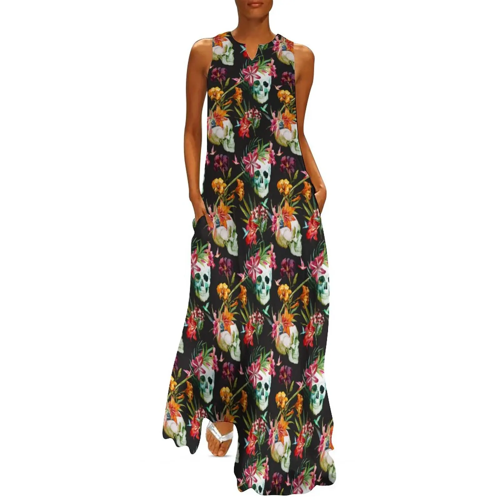 Floral Skull Print Dress Halloween Spooky Scary Skulls Sexy Maxi Dress Aesthetic Boho Beach Long Dresses Women Big Size Vestidos