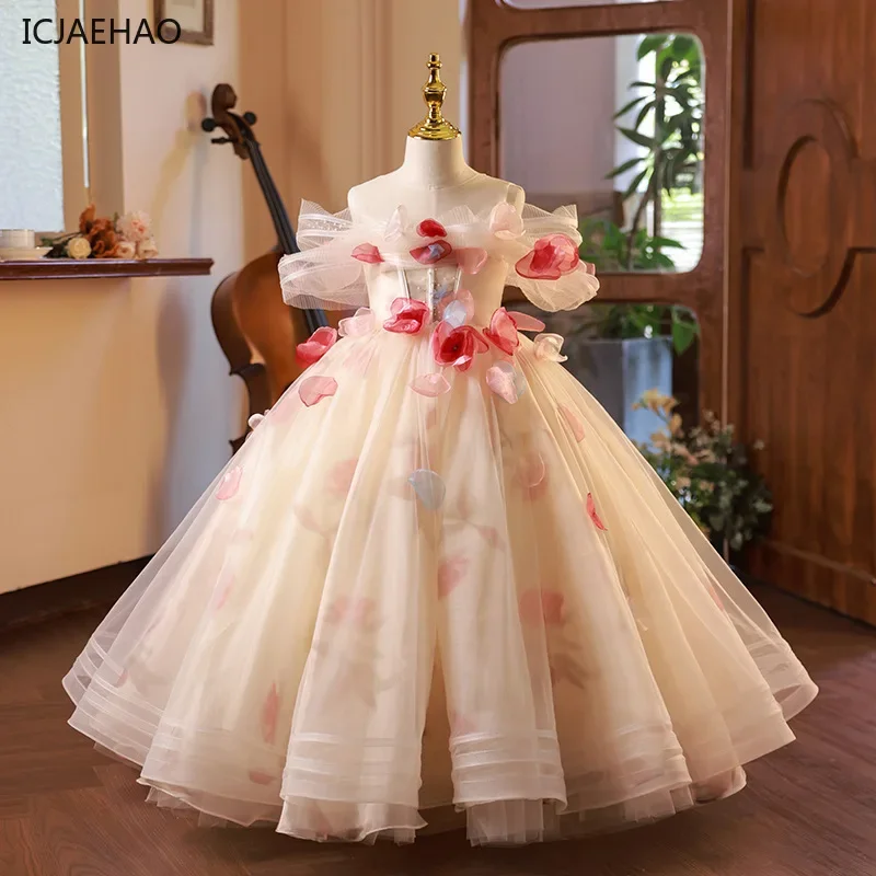 ICJAEHAO 2025 Girl DressPrincess Formal Occasion Outfit Fairy Evening Clothing Elegant Tulle Vestido Flower Off Shoulder Trendy