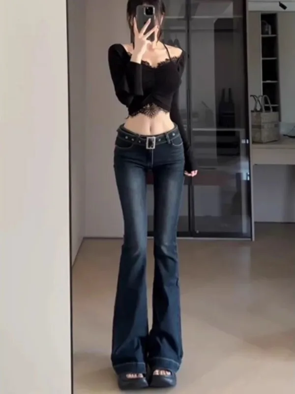 甘辛韓国風スレフレアジーンズレディースティーネッドフェイスレトロローウエストスリムアンクル丈パンツ