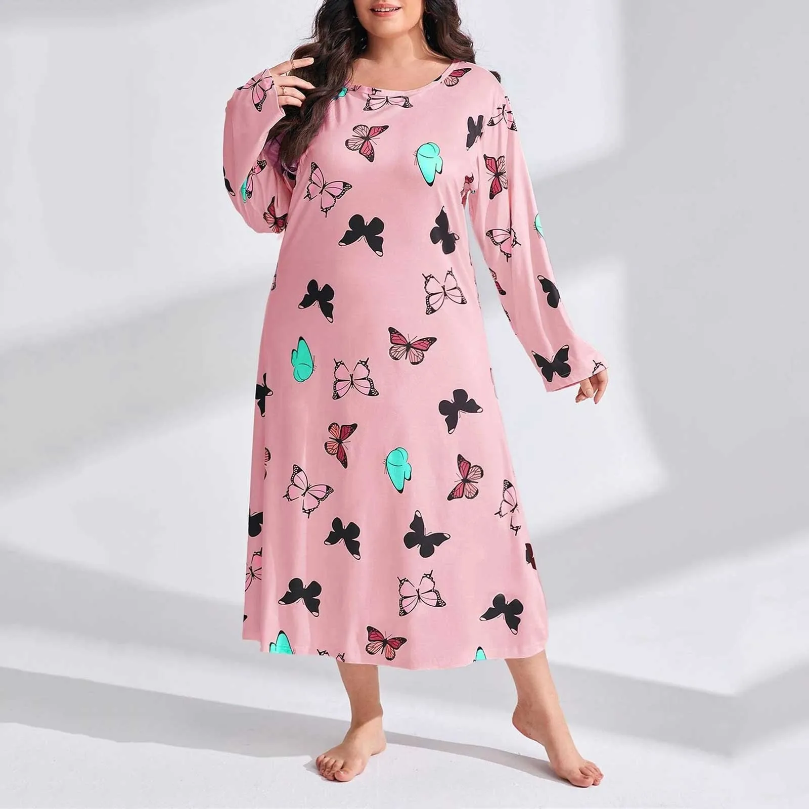 

Women Casual Comfortable Nightgown Oversize Round Neck Long Sleepwear Thin Night Women Dress 2024 Butterfly Print Shoulder Drop