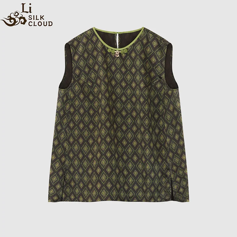 LI SILK CLOUD xiangyunsha Stand-Collar Short Sleeve Top Ancient Style Oriental Patterns Guangdong Black Pearl  Guangdong Gauze