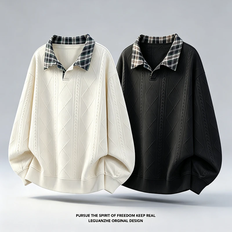 Herren-Sweatshirt mit Kontrastkragen und langen Ärmeln, Herbst-Diamant-Jacquard-Strick, lockere Passform, lässige Oberteile, halber Reißverschluss, Alltagskleidung – Detail 3
