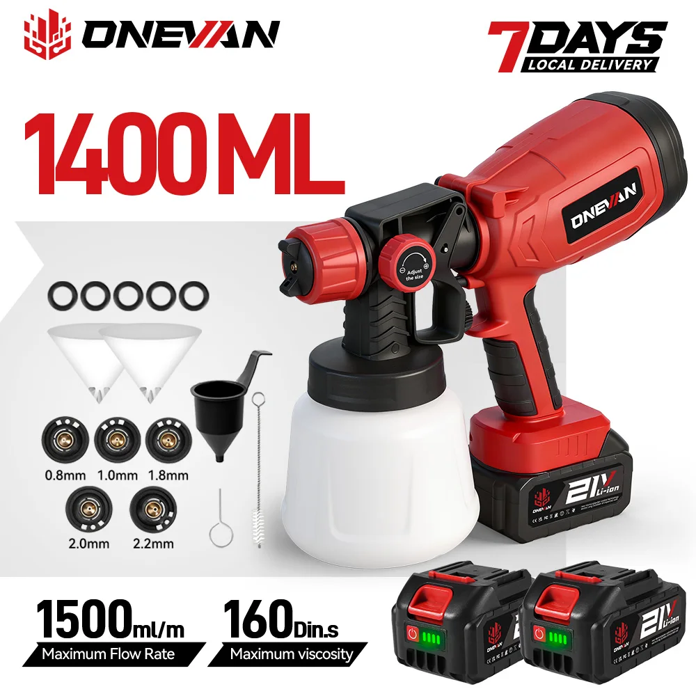 Pistola de pulverización eléctrica inalámbrica ONEVAN de 1400 ml, herramienta portátil para pintar paredes y barandillas, con 5 boquillas, compatible con baterías Makita de 18V.