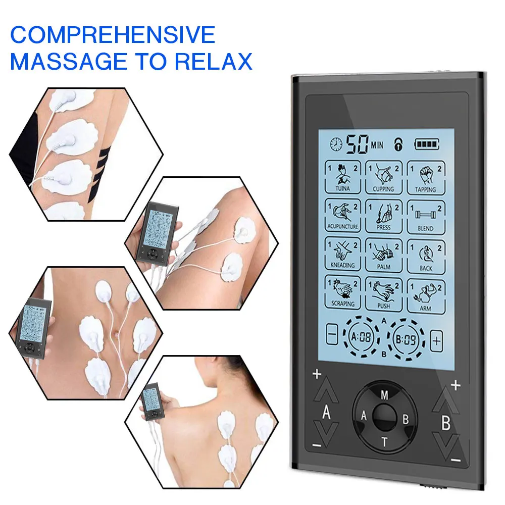 TENS UNIT EMS Стимулятор мышц для облегчения боли, восстановления тела, 24 режима, 4 выхода, физиотерапия, импульсный массажер для тела, электродные подушечки