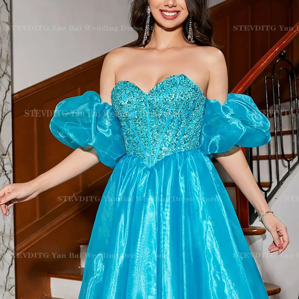 Glitter Ocean Blue Prom Dresses With Sequins Chic Strapless Backless A-Line Gown Formal Party Special Occasion Custom Made Robes